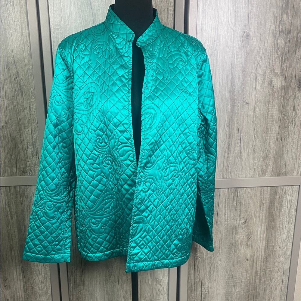 Chico's teal quilted embroidered open front jacket women's 2